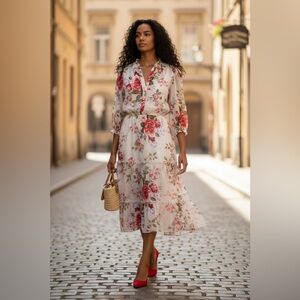 Kare & Lily Elegant Floral Midi Dress in Red and Pink